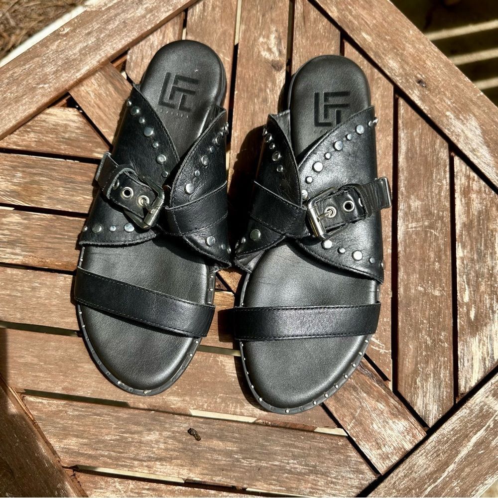 LFL by Lust For Life L-Notion Black Leather Studded Belted Sandals